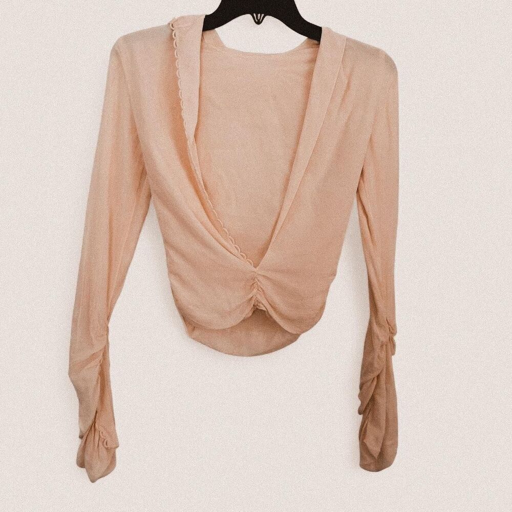 Cream Draped Open Back Blouse Silk Feel Rouleau Button Detail Flowy Fit small